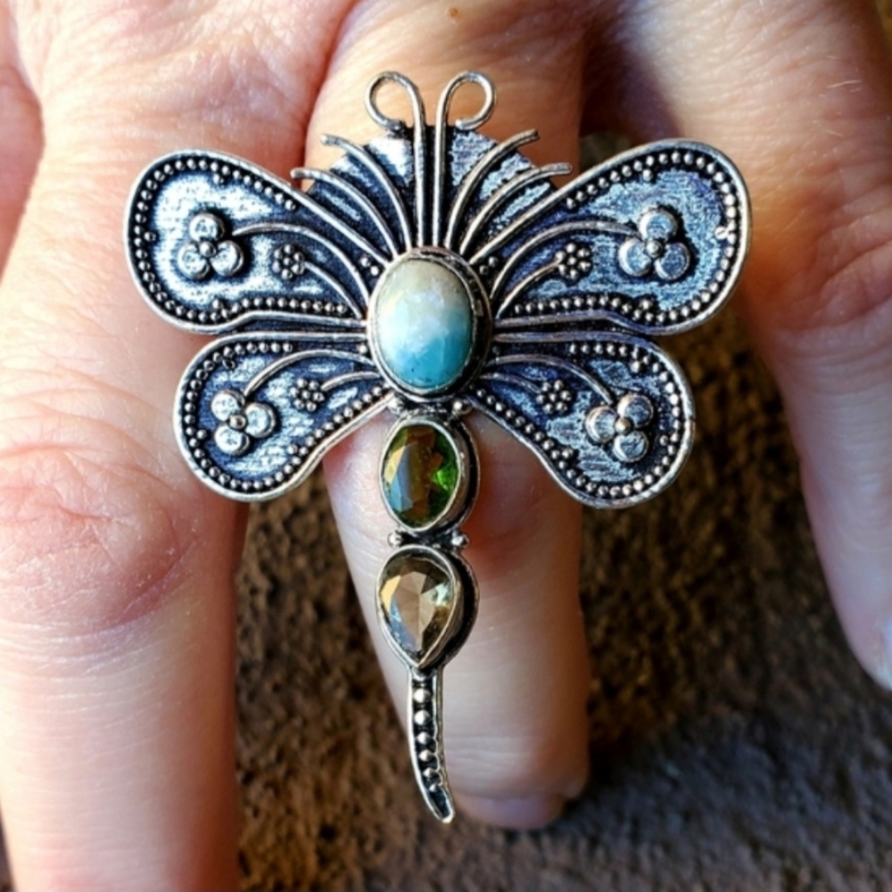 New Dragonfly Larimar, Smoky Topaz & Peridot 925 Silver Ring.
